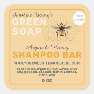 Pegatina Cuadrada Jabón de miel Vintage Bee Shampoo Bar Amarillo