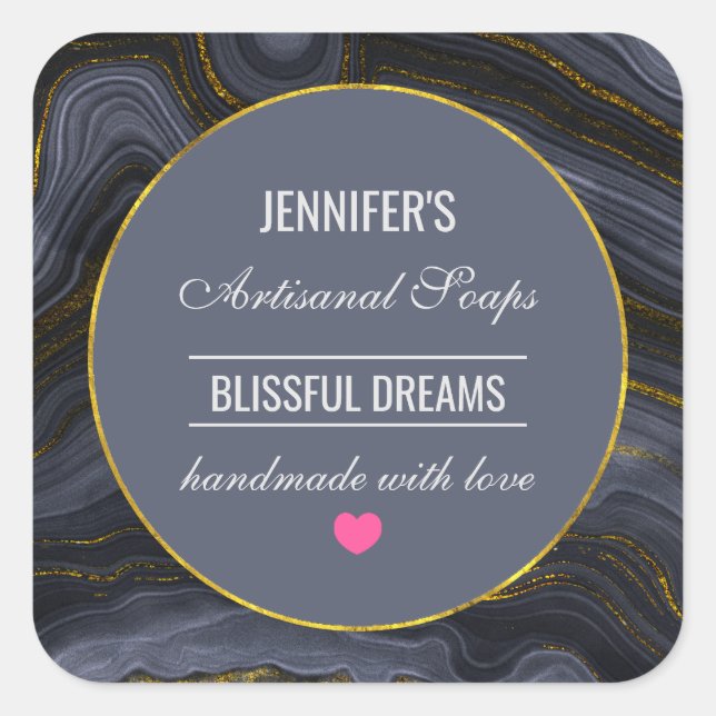 Pegatina Cuadrada Jabón de resumen moderno negro y oro agate de pied (Anverso)