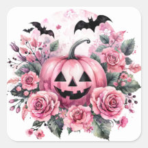 Jack-o-Lantern con rosas rosadas y murciélagos