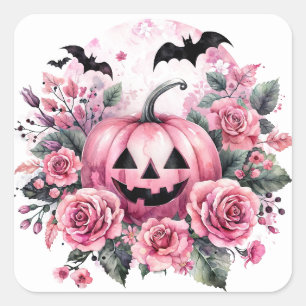 Pegatina Cuadrada Jack-o-Lantern con rosas rosadas y murciélagos