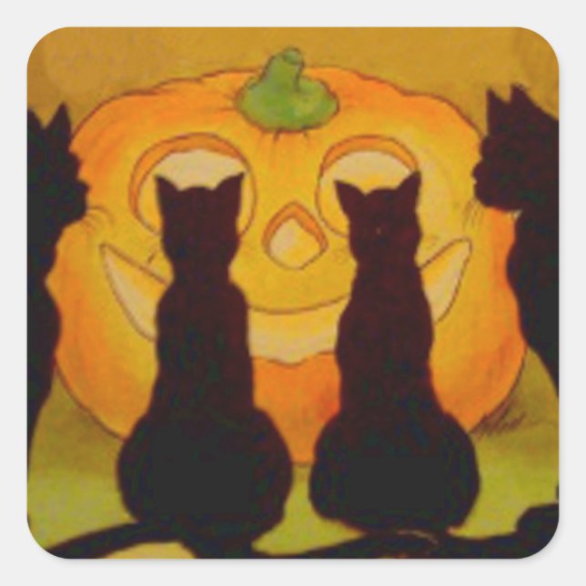 Pegatina Cuadrada Jack O Lantern Pumpkin Black Cat (Anverso)