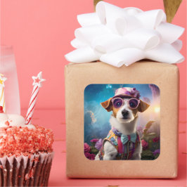 Pegatina Cuadrada Jack Russell, anteojos rosados y gorra rosa