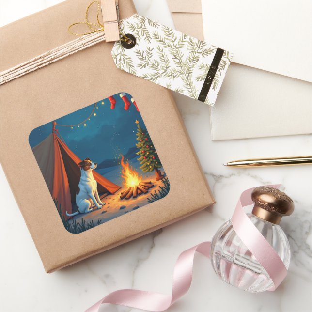 Pegatina Cuadrada Jack Russell Christmas Camping Night Painting (Regalar)