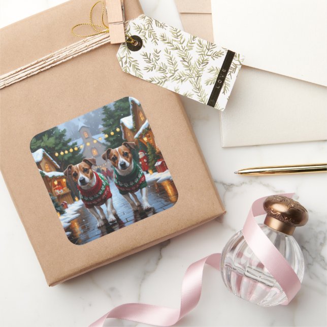 Pegatina Cuadrada Jack Russell Dogs Christmas Snow Holiday (Regalar)