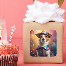 Pegatina Cuadrada Jack Russell en un disfraz vibrante