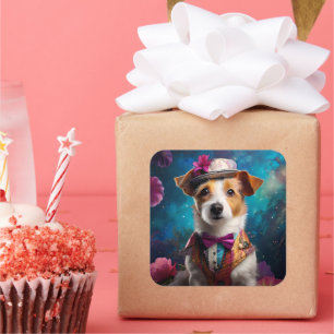 Pegatina Cuadrada Jack Russell, gorra blanco, flor rosa