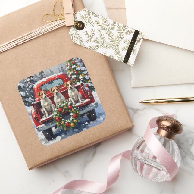 Pegatina Cuadrada Jack Russell Terrier Christmas Red Truck Holiday (Regalar)