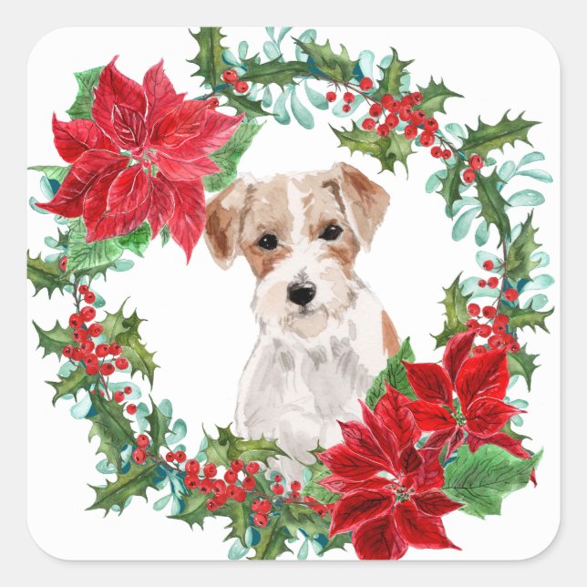 Pegatina Cuadrada Jack Russell Terrier Poinsettia Navidades Wreath (Anverso)