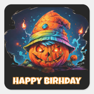 Pegatina Cuadrada jackolantern y gorra de cumpleaños
