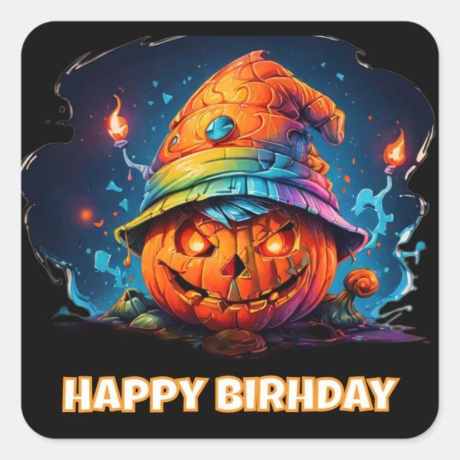 Pegatina Cuadrada jackolantern y gorra de cumpleaños (Anverso)