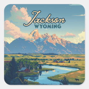 Pegatina Cuadrada Jackson Hole Wyoming Ranch Tetons Retro