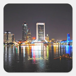 Pegatina Cuadrada Jacksonville, FL Skyline de noche
