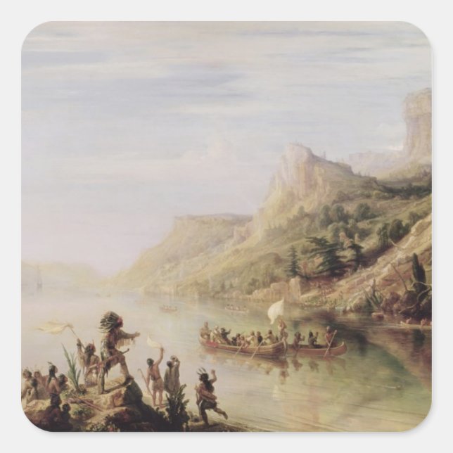 Pegatina Cuadrada Jacques Cartier descubriendo el San Lorenzo (Anverso)