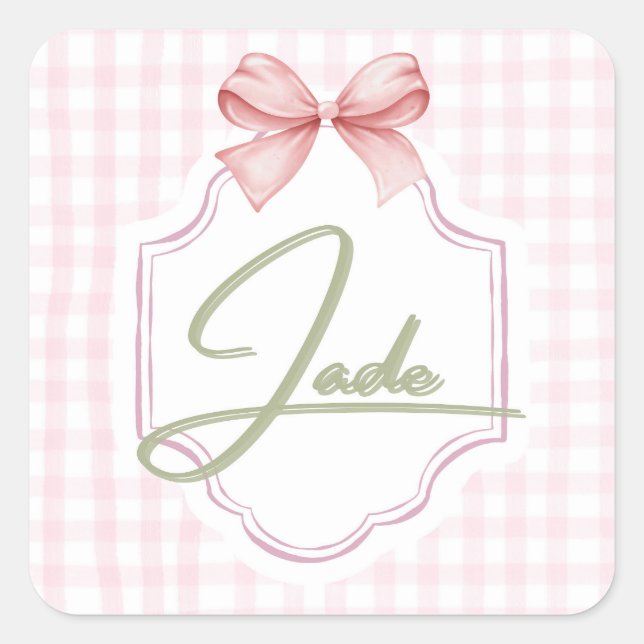 Pegatina Cuadrada Jade Baby Nursery personalizado Bow&Gingham (Anverso)