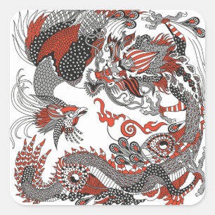 Pegatina Cuadrada Jade Dragon y Gold Phoenix jugando con una perla