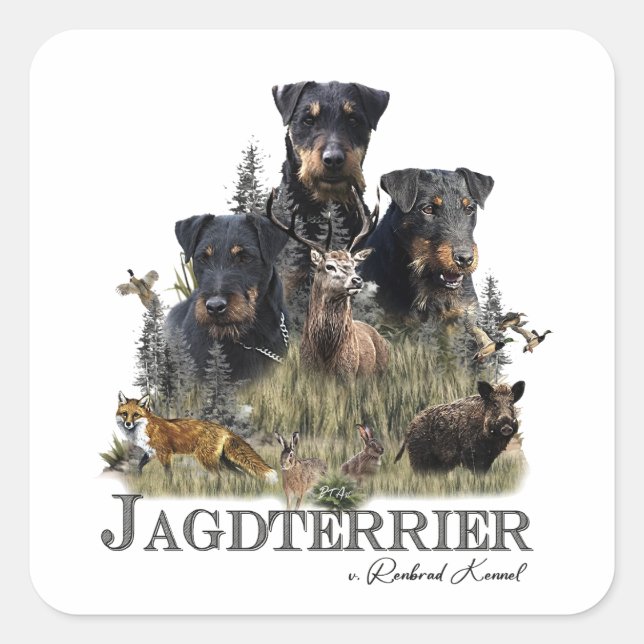 Pegatina Cuadrada Jagdterriers c. Renbrad Kennel (Anverso)