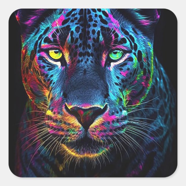 Pegatina Cuadrada Jaguar Arcoíris (Anverso)