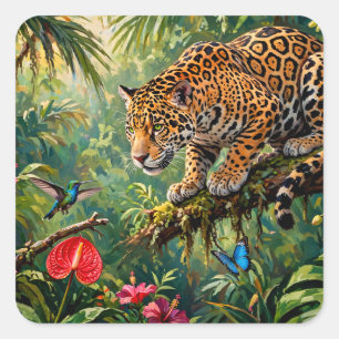 Pegatina Cuadrada Jaguar Selva Colibríes Mariposas Flores