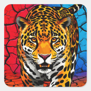 Pegatina Cuadrada Jaguar sobre fondo de tierra agrietada