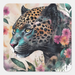 Pegatina Cuadrada Jaguar Watercolor Floral Art