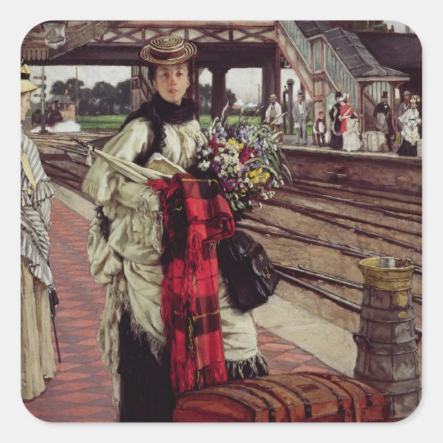 Pegatina Cuadrada James Tissot | Esperando en la estación (Anverso)