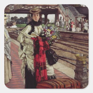 Pegatina Cuadrada James Tissot   Esperando en la estación