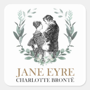 Pegatina Cuadrada Jane Eyre y Edward Rochester con Wreath