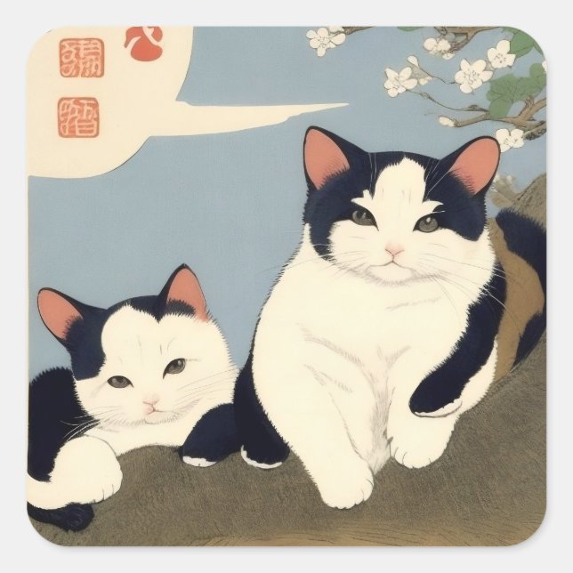 Pegatina Cuadrada Japanese Cats Blossom Tree Sticker (Anverso)