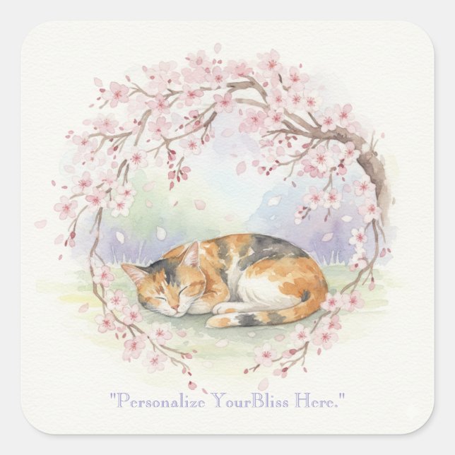 Pegatina Cuadrada Japanese Sakura & Zen Cats Watercolor  (Anverso)