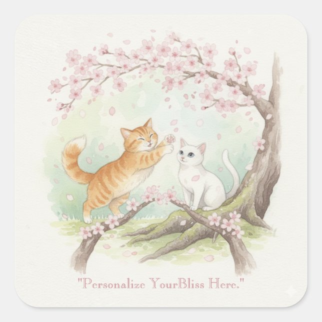 Pegatina Cuadrada Japanese Sakura & Zen Cats Watercolor  (Anverso)