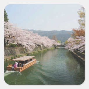 Pegatina Cuadrada Japón, Kyoto. Contemplación de flores en el barco