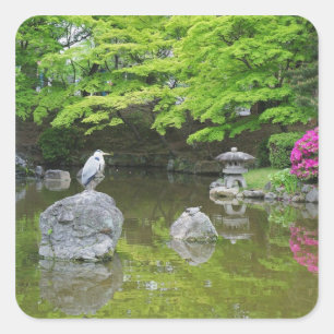 Pegatina Cuadrada Japón, Kyoto. Garza entre hojas verdes frescas
