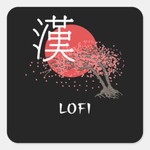 Pegatina Cuadrada Japón Lofi Hip Hop Kanji Cherry Blossom Lofi