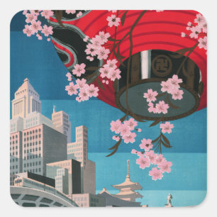 Pegatina Cuadrada Japón Tokio Cartel de viaje japonés vintage