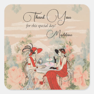 Pegatina Cuadrada Jardín Antiguo Floral Hora del Té Despedida de Sol