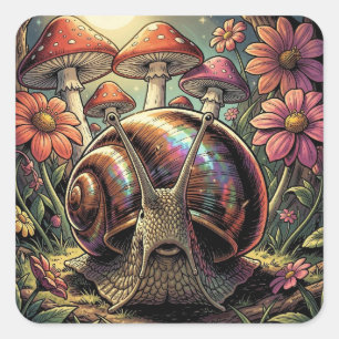 Pegatina Cuadrada Jardín Caprichoso de Caracol y Hongos Cósmicos