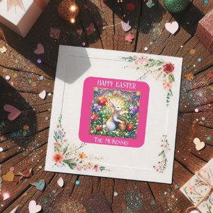Pegatina Cuadrada Jardín de conejo rosa elegante Art Nouveau Pascua