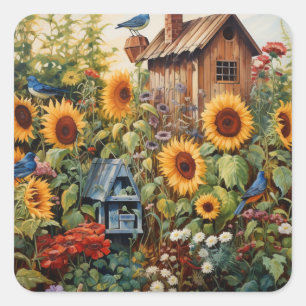 Pegatina Cuadrada Jardín de girasoles 3 Casas de pájaros pájaros azu