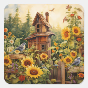Pegatina Cuadrada Jardín de girasoles 8 Casas para pájaros azules