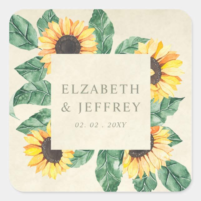 Pegatina Cuadrada Jardín de Girasoles Elegantes Florales Boda (Anverso)