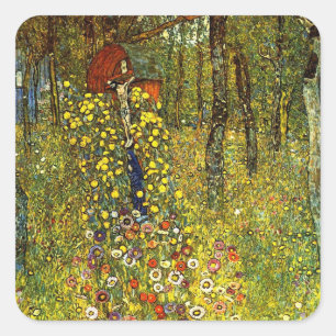 Pegatina Cuadrada Jardín de granja con crucifijo de Gustav Klimt