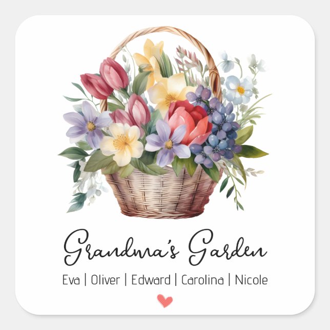 Pegatina Cuadrada Jardín de las Abuelas Nombres Cesta Floral Acuarel (Anverso)