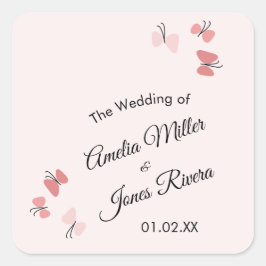 Pegatina Cuadrada Jardín de Mariposas Rosadas Romántico Simple Boda 