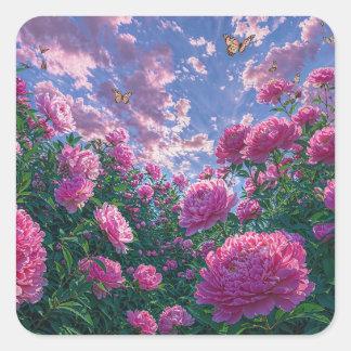 Pegatina Cuadrada Jardín de peonías rosadas soñadoras y mariposas
