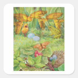 Pegatina Cuadrada Jardín de primavera con ladrillo y flor