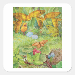 Pegatina Cuadrada Jardín de primavera con ladrillo y flor