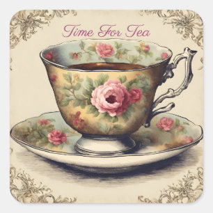 Pegatina Cuadrada Jardín de té de taza de té floral francés vintage 