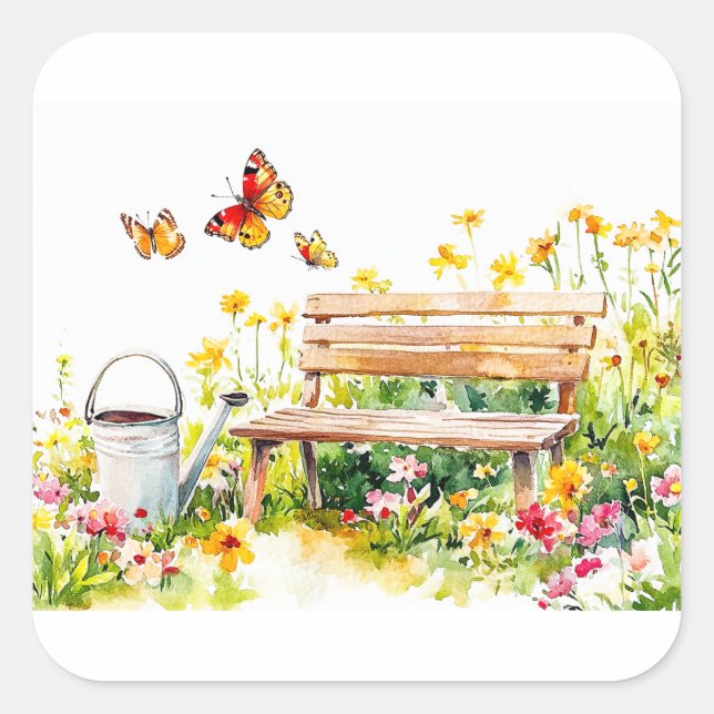 Pegatina Cuadrada Jardín de verano con mariposas (Anverso)