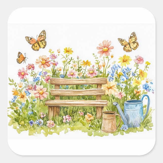 Pegatina Cuadrada Jardín de verano con mariposas (Anverso)