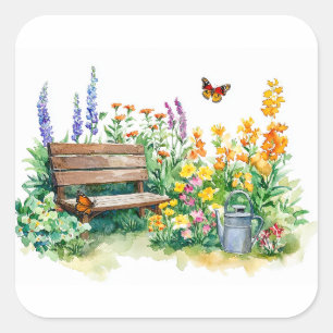 Pegatina Cuadrada Jardín de verano con mariposas